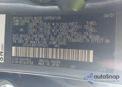 2007 Toyota 4Runner Sport V6/Sr5 V6 из США, поврежденный, VIN JTEZU14R070095532